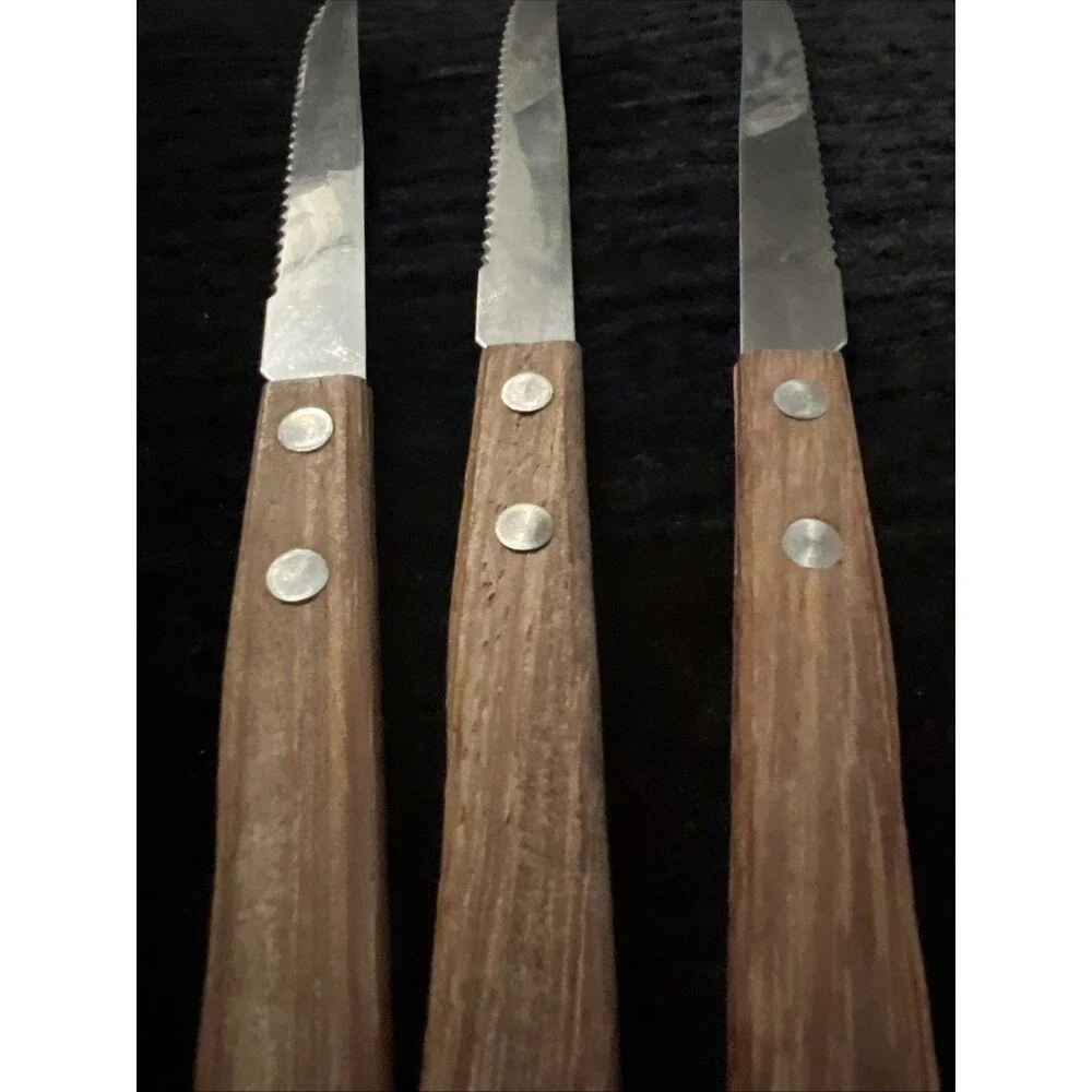 Vintage Knife Serrated Blade Wood Handle | 8” | Set of 3
